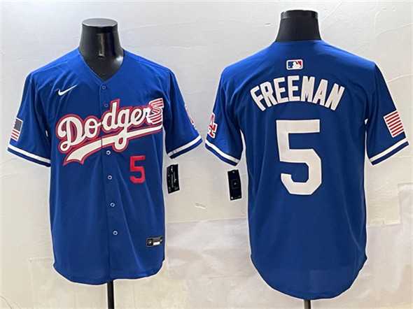 Men%27s Los Angeles Dodgers #5 Freddie Freeman Royal With American Flag Patch Limited Stitched Jersey->los angeles dodgers->MLB Jersey